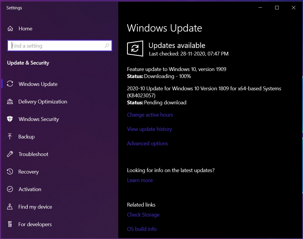 Windows update stuck on 100%, showing pending download. d61e6274-95e5-40eb-8713-31dad1f23c20?upload=true.jpg