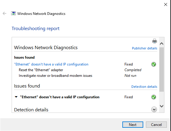 "'Ethernet' Doesn't Have Valid IP Configuration" Even after the network troubleshooter fixes it d81bda0b-da17-4ccc-8533-9ad64d226502?upload=true.png