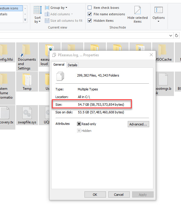 C drive is showing more used space than the amount of all the content on the drive d8ada9eb-3fb7-438f-9386-4b4d8ce14d60.jpg