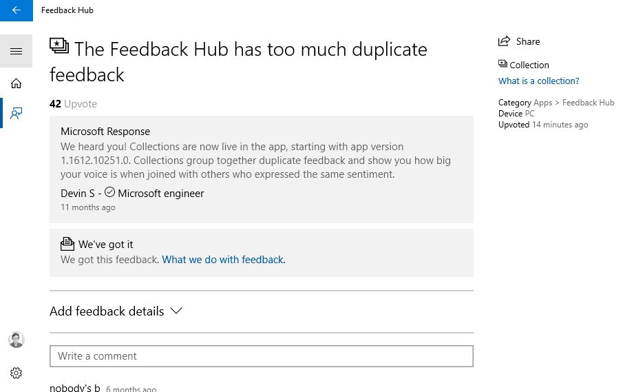 I have 189 upvotes on a solution in Feedback Hub but got no achievement for 50+ upvotes. Hmm. d8ca954b-a215-4a5f-8915-b0557449d1f3.png