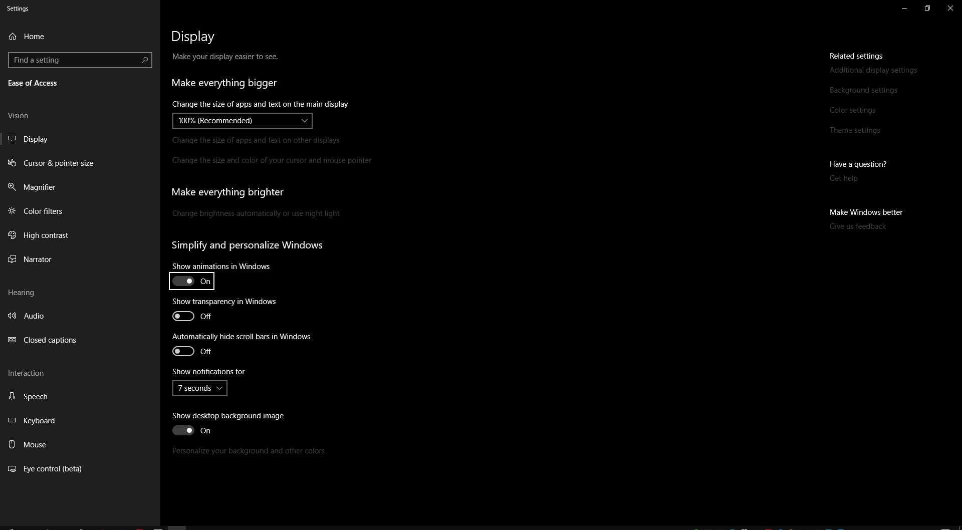 Why is the "Show animations in Windows" switch not working in the Settings? d929a083-49c4-4e1c-91f8-543f4c45bb72?upload=true.png
