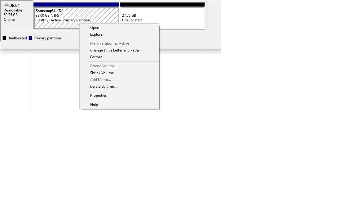 Unable to extend or merge volumes in a 64 GB Samsung USB drive d931a4ae-be4e-4cdf-8f2f-3c5656f1e0d2?upload=true.jpg