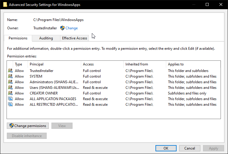 Changed permission to open windowsApps folder now none of the apps work and System restore... d9d3b324-9934-41a6-8da1-a7259df24419?upload=true.png