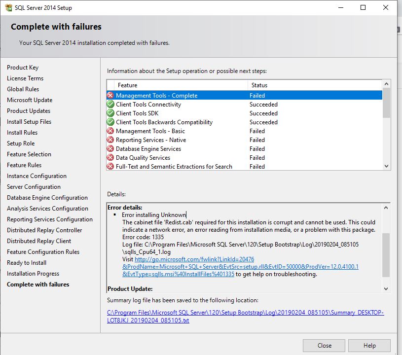Error code: 1335 While installing the Ms SQL server 2014  (The cabinet file 'Redist.cab'... db2feb3c-47b3-4cb7-8e91-63ef03abf223?upload=true.jpg