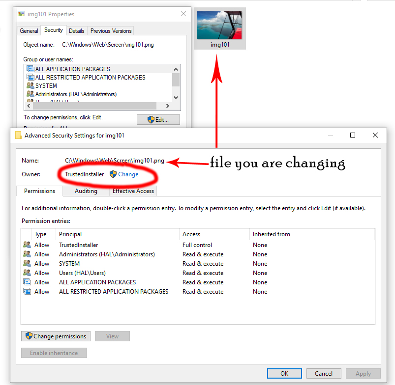Windows 10 Home - Changing "TrustedInstaller" to "Administrator" to edit or remove items. dd7218c7-9bc1-49a0-b8d6-13e42cc5f068?upload=true.jpg