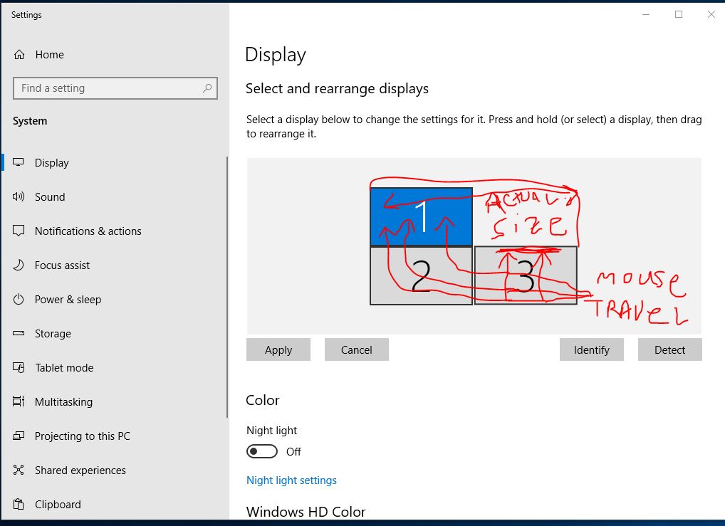 1 of my 3 monitors is physically twice as wide as the other two but in display settings it... dd8b451b-d208-48fa-a315-7f4c6a0fa572?upload=true.jpg