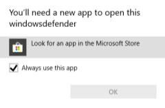 Whenever I try to open windows defender/security it needs a different application. ddbe85dc-3305-4124-a74a-3b4ed95b09cd?upload=true.png