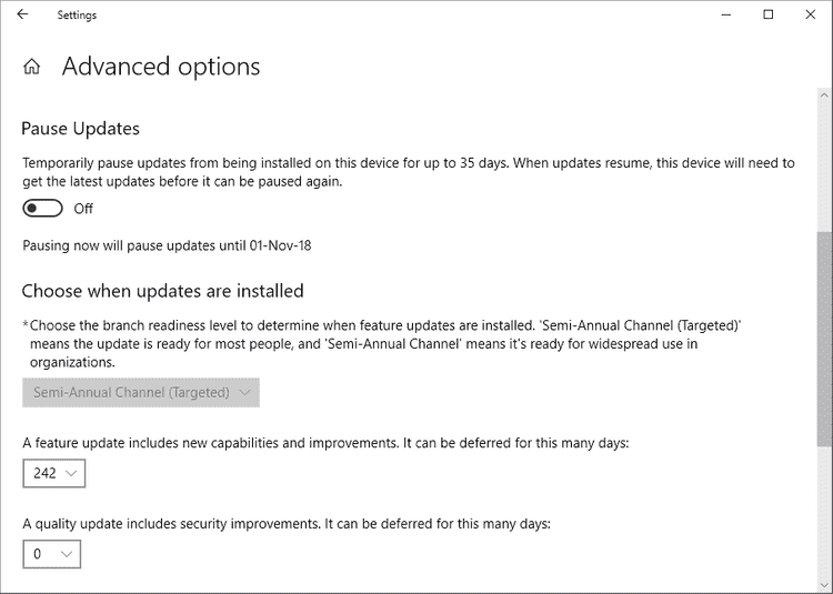 Windows 10 'Defer Feature Update' Setting Missing from Advanced Options delay-feature-updates-windows-10.png
