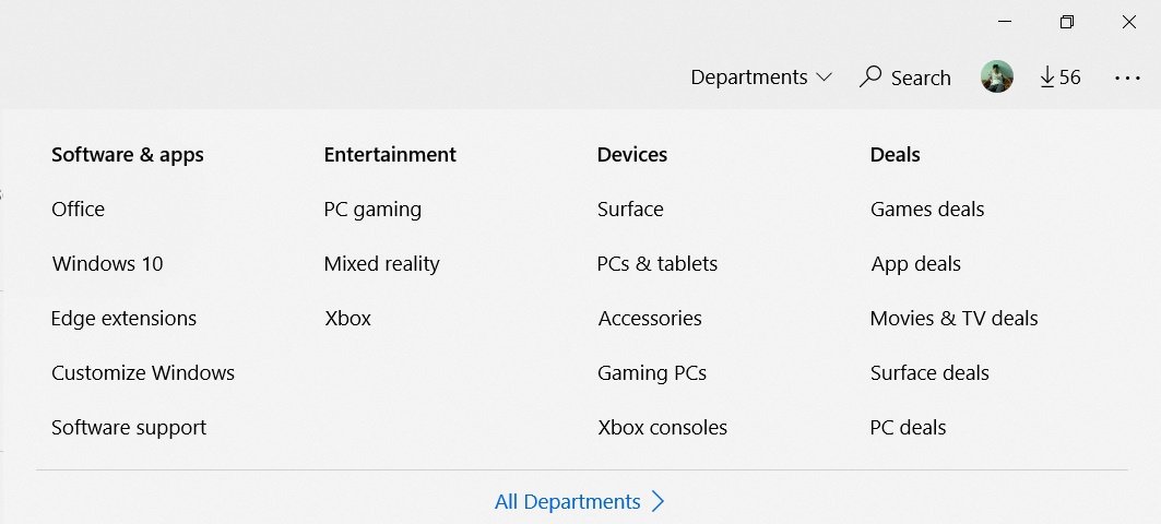 Microsoft Store on Windows 10 is getting new ‘Departments’ option Departments-menu.jpg