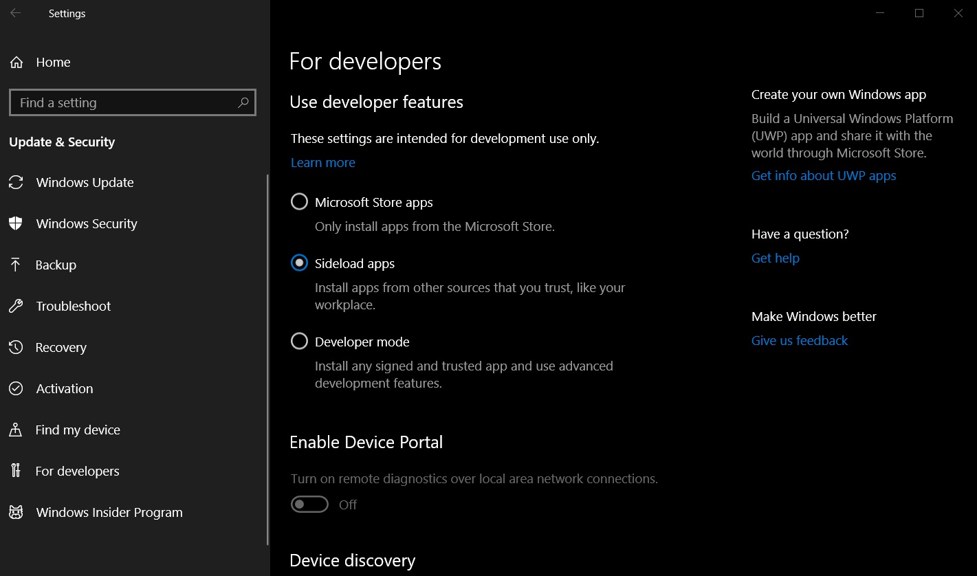 In rare cases, Windows 10 version 1809 install could fail if developer mode is enabled Developer-settings.jpg