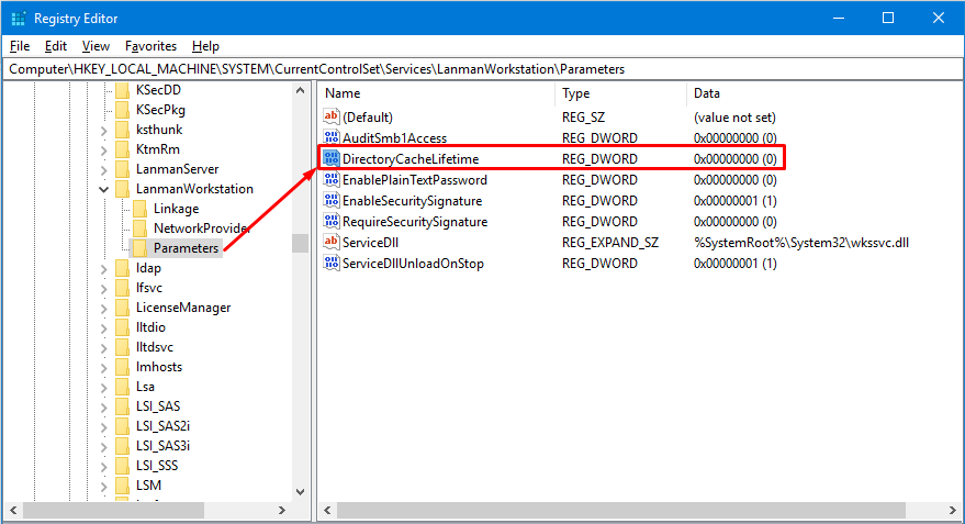 Win 10 slow to open network in File Explorer DirectoryCacheLifetime.png