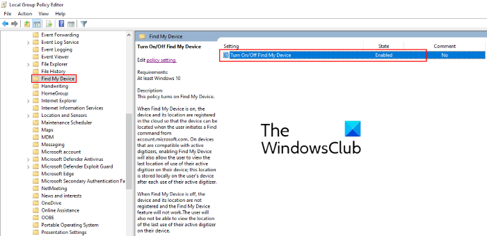 How to disable Find my Device option in Windows 10 Settings disable-find-my-device-gpedit.png