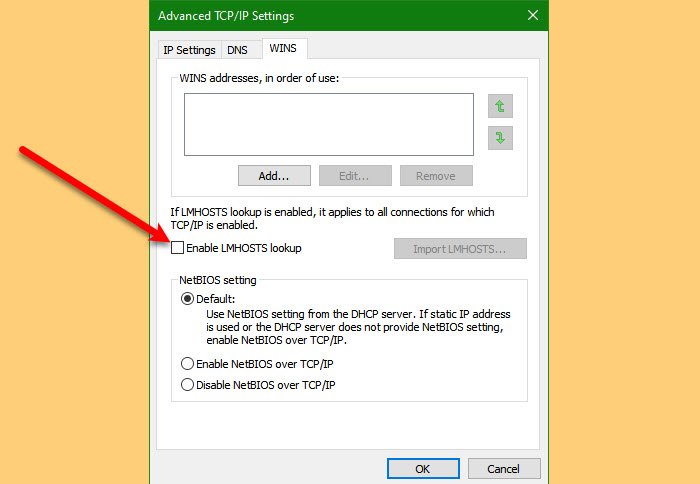 Enable or disable LMHOSTS Lookup using PowerShell, Registry or Adapter Properties disable-lmhosts.jpg