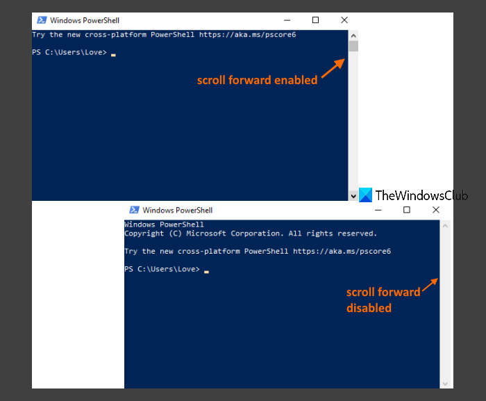 Disable Scroll-Forward in Command Prompt and PowerShell on Windows 10 disable-scroll-forward-cmd-powershell.png
