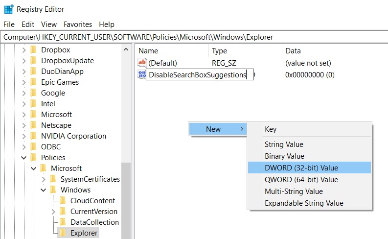 Microsoft offers a new Registry trick to disable Bing in Windows Search DisableSearchBoxSuggestions.jpg
