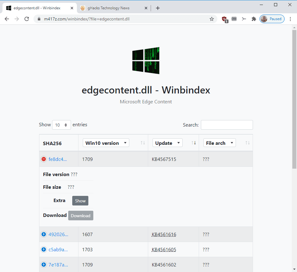 Download individual Microsoft Windows files (exe, dll, sys) from Microsoft with Winbindex download-windows-files.png