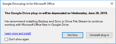 Attempting to share a computer's Google File Stream G Drive with locally connected... Drive%2Bfor%2BOffice%2Bplugin%2Bdeprecation%2Bnotice.png