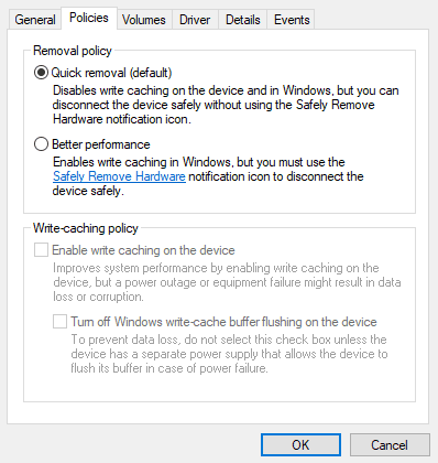 When you don’t need to “Safely Remove” a USB drive on Windows 10 Drive-removal-policies.png