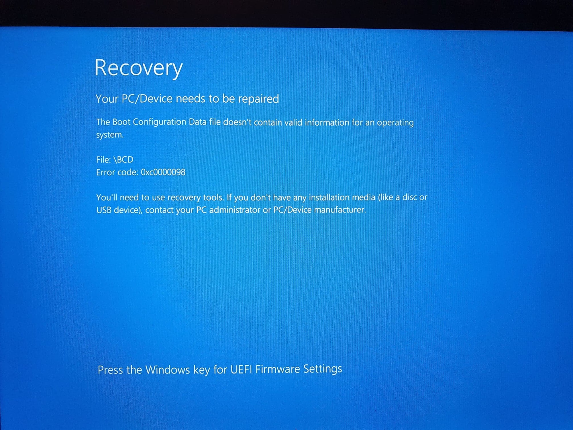 Your PC/Device needs to be repaired. The Boot Configration Data file doesn't contain valid... e0ff6de2-b591-4da3-b571-212991549810?upload=true.jpg