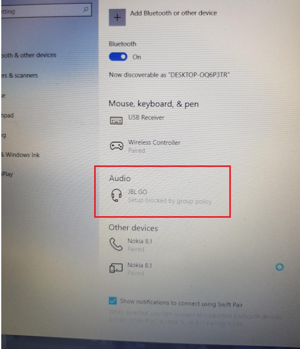 Bluetooth Speaker and Headphone are showing blocked by group policy e127f22a-c26b-4cd6-ba93-2673b41a3b87?upload=true.jpg