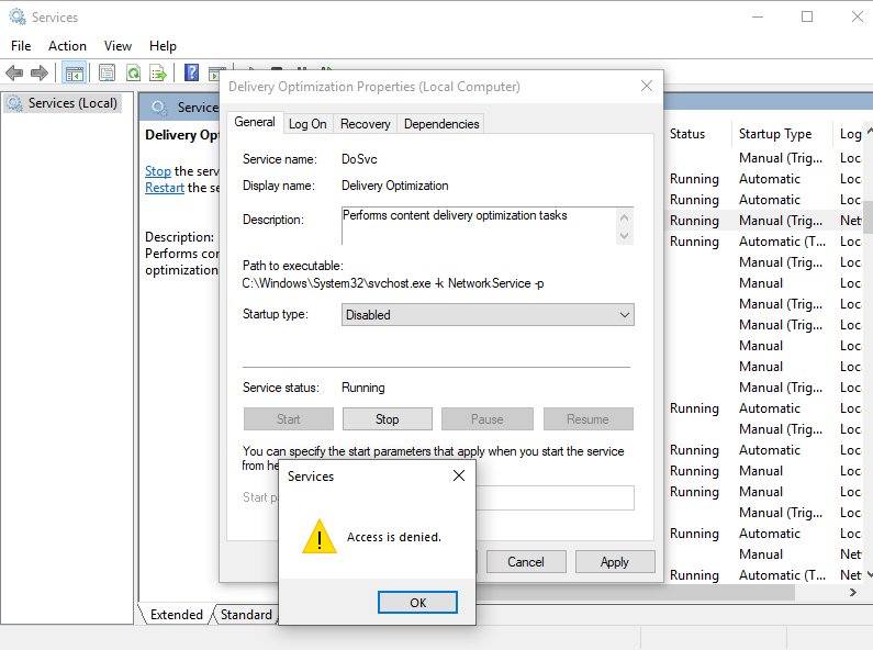 I am unable to disable Delivery Optimization service. When I try to disable this service it... e1c2f548-8b2e-4d5d-a37a-aa038d215d34?upload=true.png