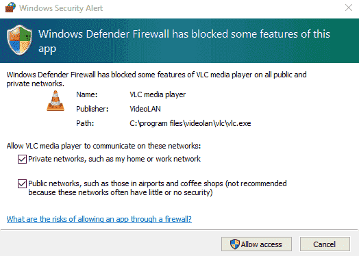Windows defender firewall has blocked some features of VLC media player on all public and... e488c350-e675-40d3-8e2d-5a9f6ffcd538?upload=true.png