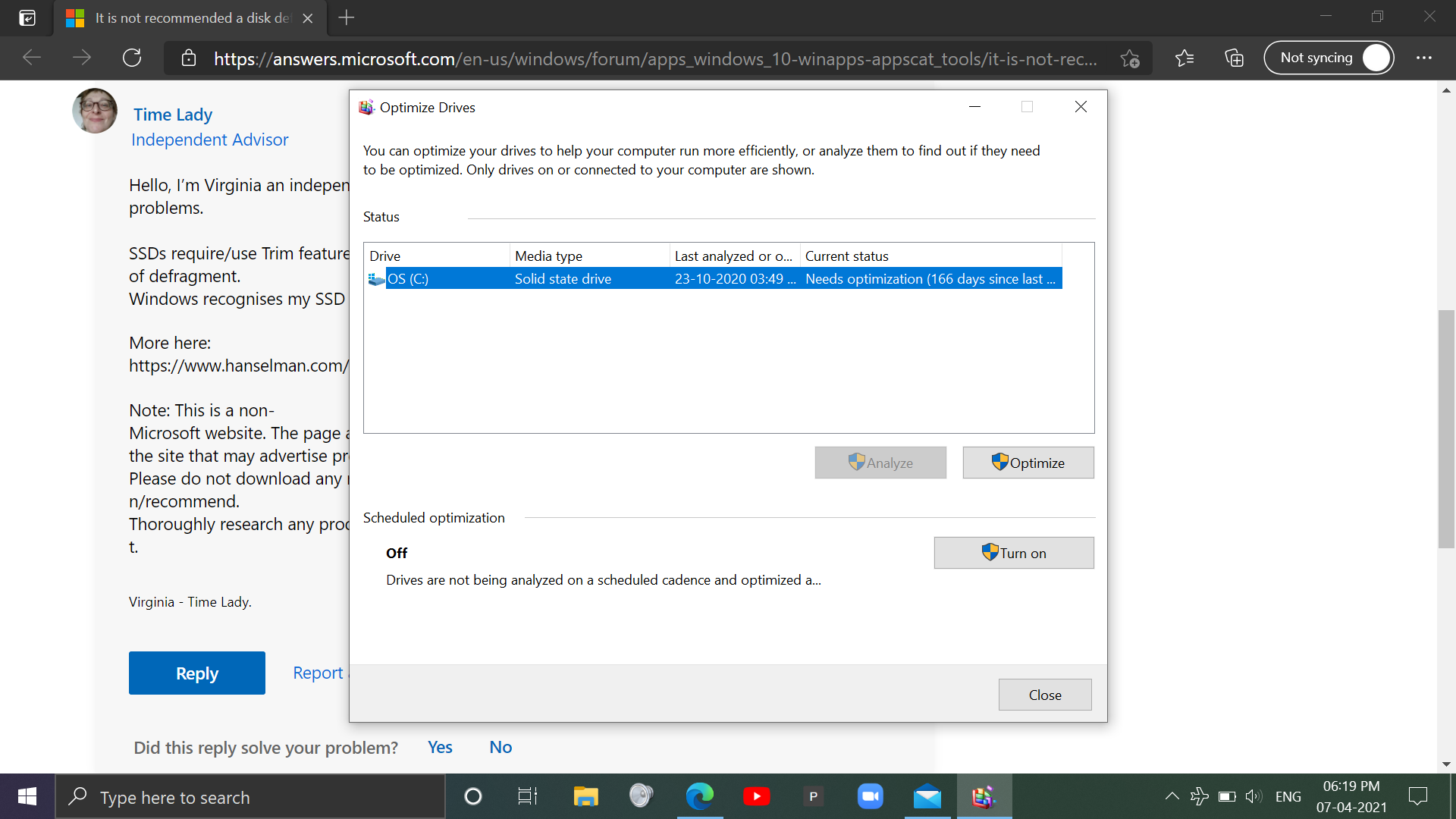 It is not recommended a disk defragmentation for an SSD then why windows says to turn on it... e50a37f4-48ff-4b25-8a00-90ba450ebcd8?upload=true.png