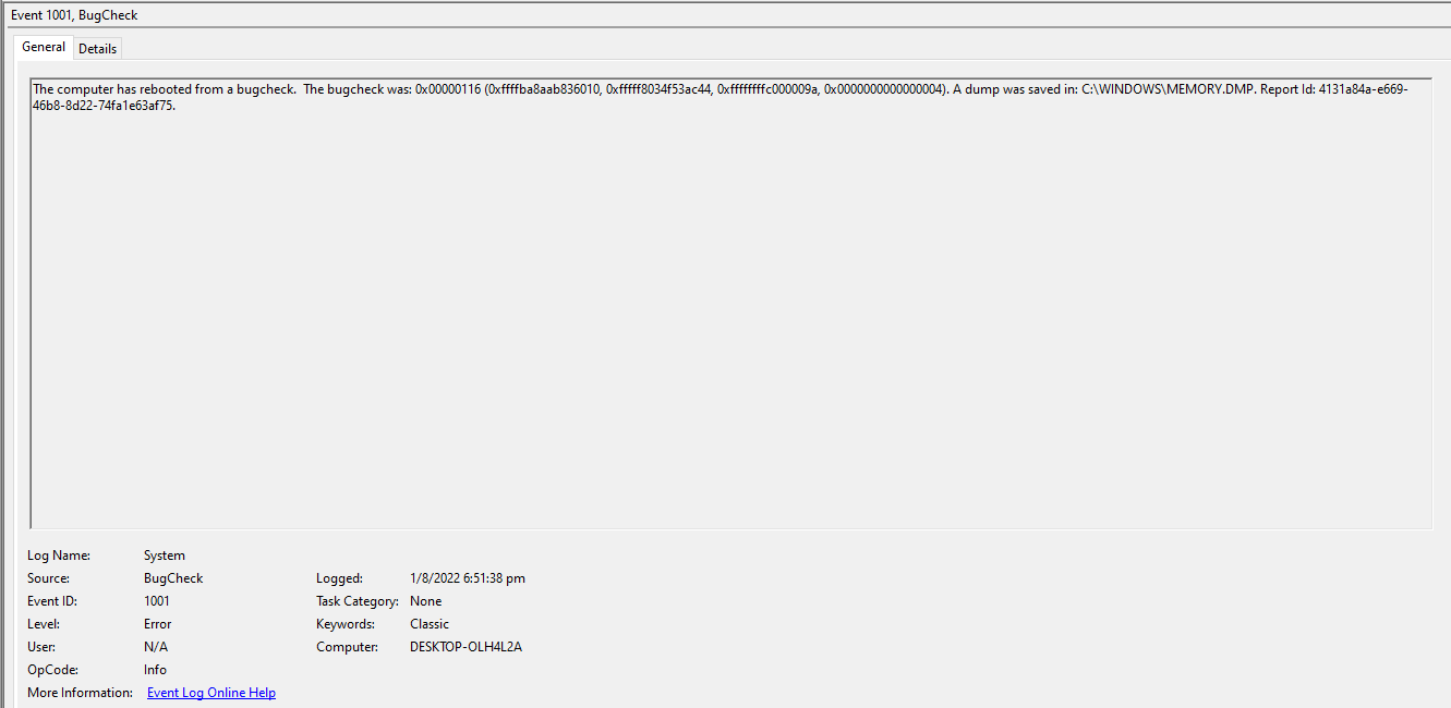 The bugcheck was: 0x00000116 0xffffda8594680210, 0xfffff8073b6b31ec, 0xffffffffc000009a,... e649c7c0-b198-4056-92d4-9fda2775f1d1?upload=true.png