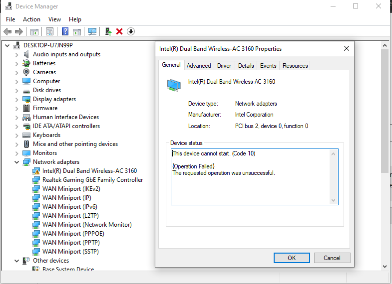 Intel Dual Band Wireless AC 3160 not working under Windows 10. How do I fix this? e6df7104-fc2b-4830-94a7-0b0c5fe32eac?upload=true.png
