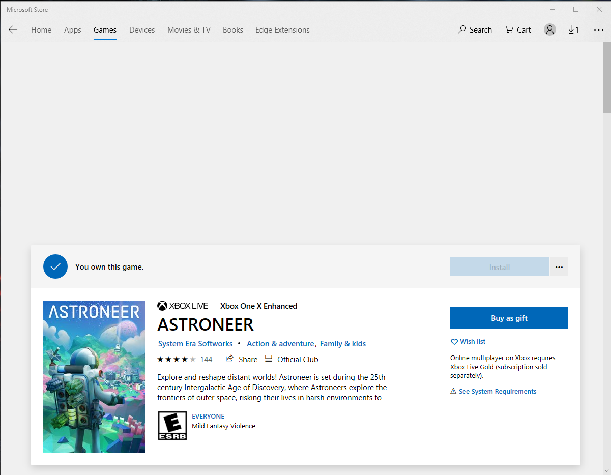 Installation is unavailable for Astroneers which I've already bought. e729f2a0-77f8-46c1-b3c3-f6b95f7eead6?upload=true.png