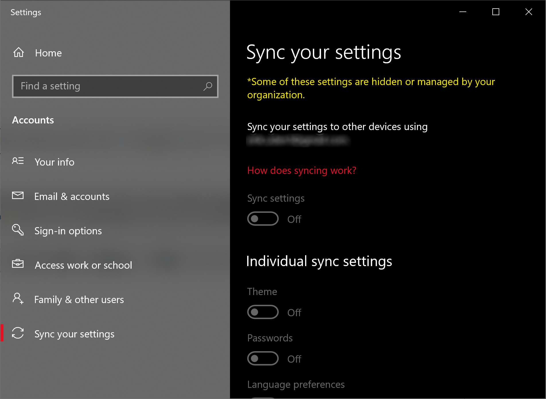 "Sync your settings" not working because of "Some of these settings are hidden or managed... e7fdb958-22e8-48cc-9438-7b6e79ba044a?upload=true.png