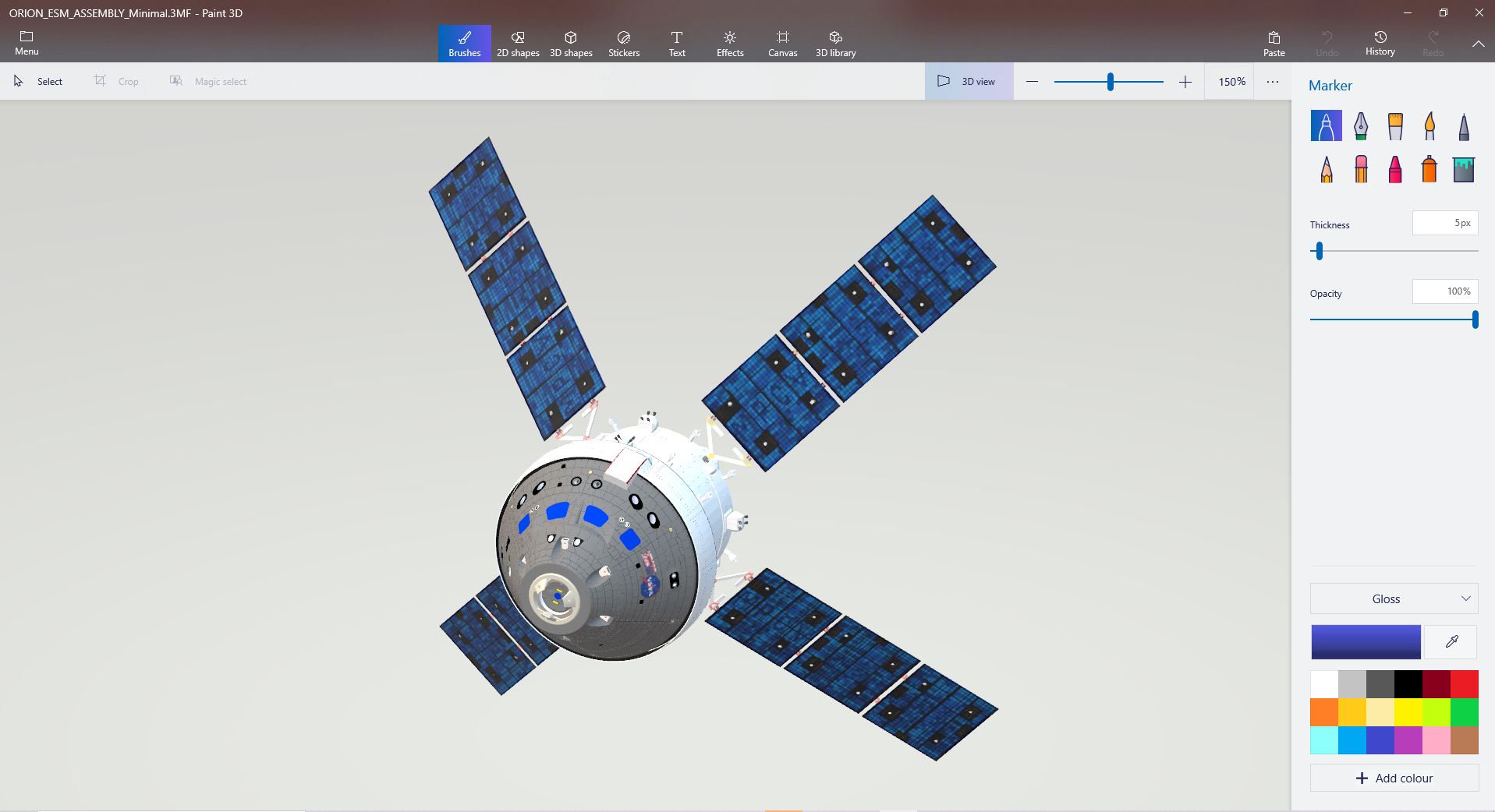 I have created a detailed 3D model of the Orion Spacecraft and imported it into Paint 3D... e8c51594-e687-458d-aaeb-d33c6fd080d6?upload=true.jpg