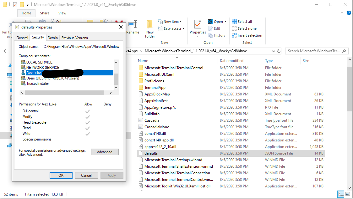 Trying to edit the defaults.json file for Windows Terminal.  I "don't have permission to... e9155c1f-76ba-4e98-91fd-b75e36d6d00b?upload=true.png