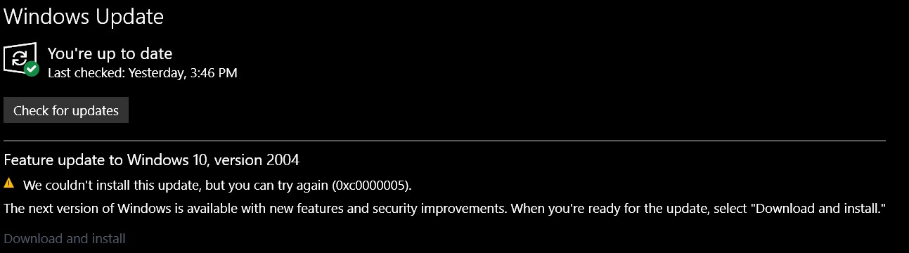 Windows 10, 2004 update fails on appraiser.dll with error code 0xC0000005 e95d13ed-2088-4029-ba94-876e2237b98a?upload=true.jpg