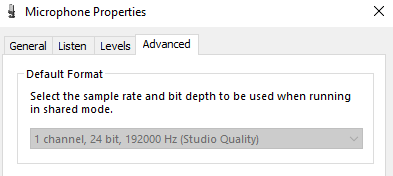 My drop down box to change the sample rate and bit depth for microphones is Grayed out. eacbf4d7-7630-4f56-8fd7-cd964cc3a478?upload=true.png