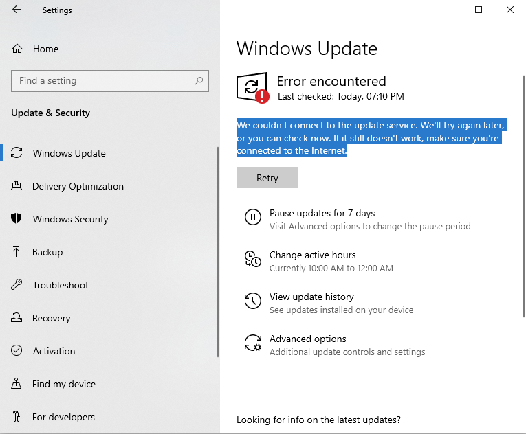 We couldn't connect to the update service. We'll try again later, or you can check now. If... eb9e638f-c8c6-4955-a49e-43fb8c725fee?upload=true.png
