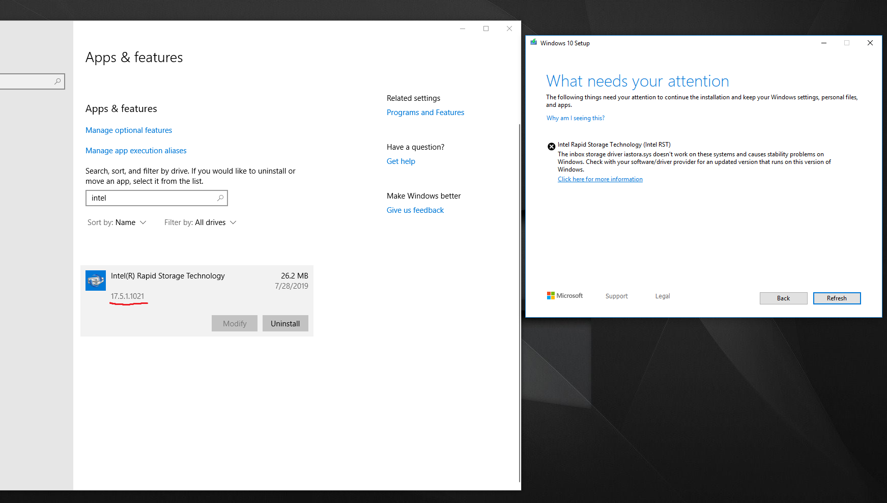 Cant update to Windows 1903 because of supposed driver version interfering with iastora.sys. ec38f7a8-13d6-4273-b440-c24ff37b369d?upload=true.png