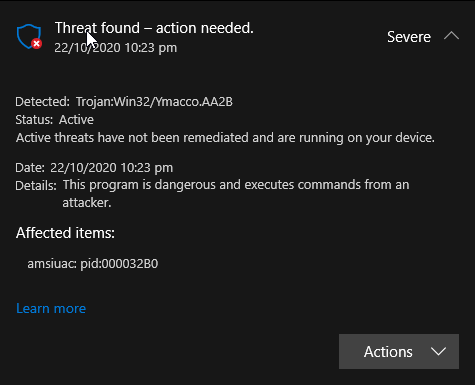 Windows Defender showing this trojan amsiuac: pid:000032B0 ed3f49d4-7d05-442b-bb03-9168f917b97e?upload=true.png