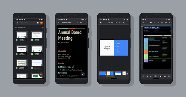 Dark theme available for Google Docs, Sheets, and Slides on Android editors_dark-mode_screen-lineup.jpg