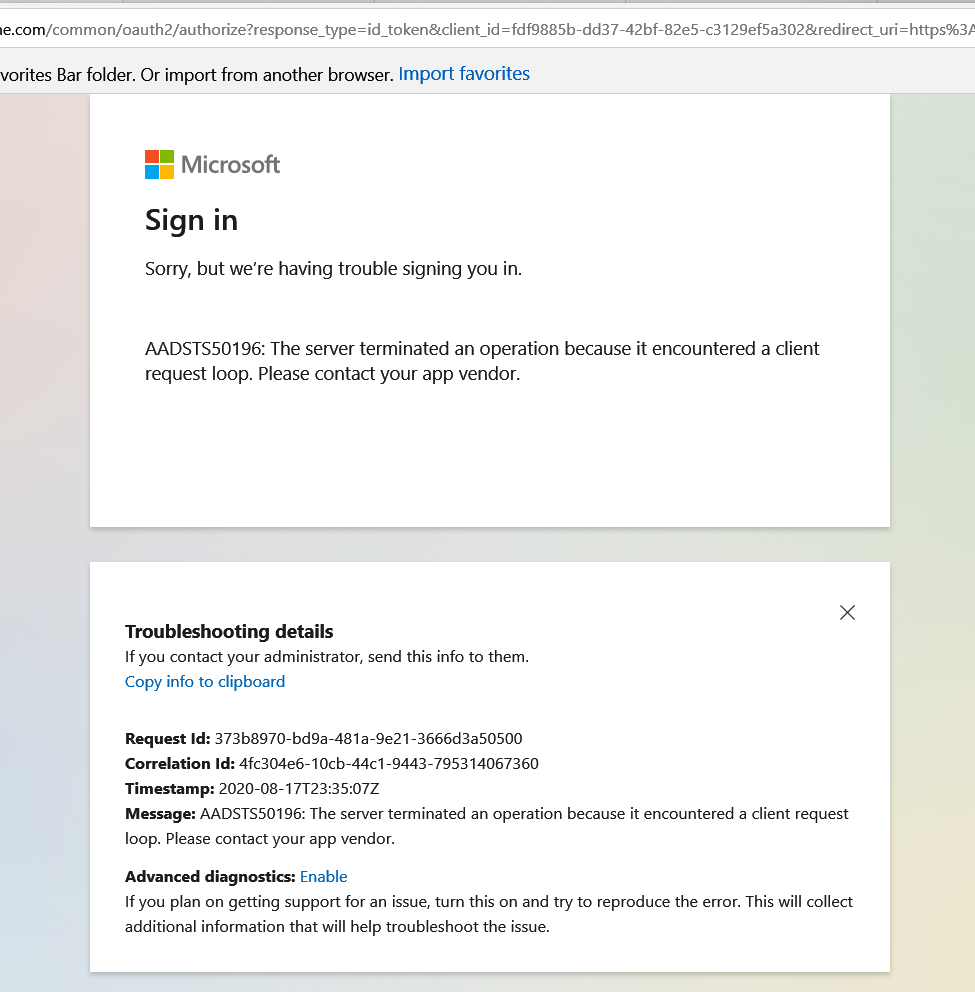 Sign in Sorry, but we’re having trouble signing you in. AADSTS50196: The server terminated... ef34e670-1135-4e88-8405-b0270c47d05f?upload=true.png