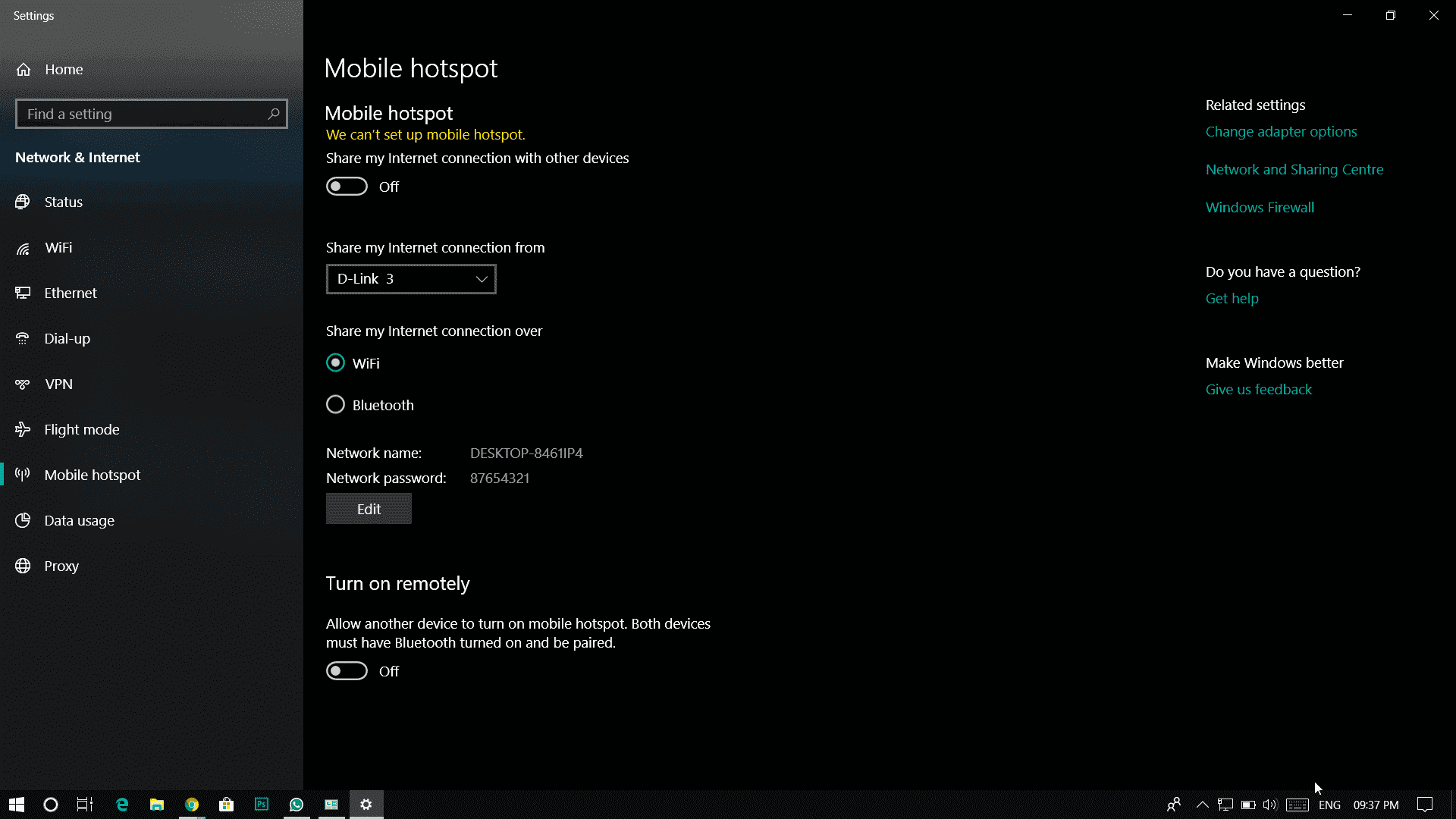 Mobile hotspot not working. It says "We can't setup mobile hospot." efb97282-8b96-47f9-9f50-daee9319a57b?upload=true.png