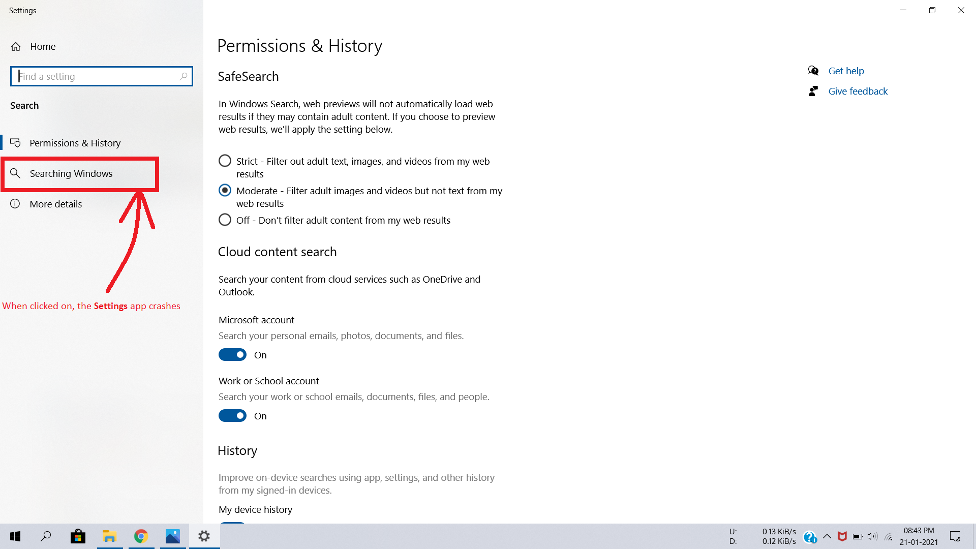 Settings app crashes when clicked on "Search > Searching Windows" efc161f2-9057-4b68-9425-73eae2e1ac63?upload=true.png