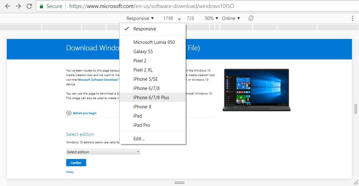 How to download Windows 10 ISOs without using Media Creation Tool Emulation-tab-in-Chrome.jpg