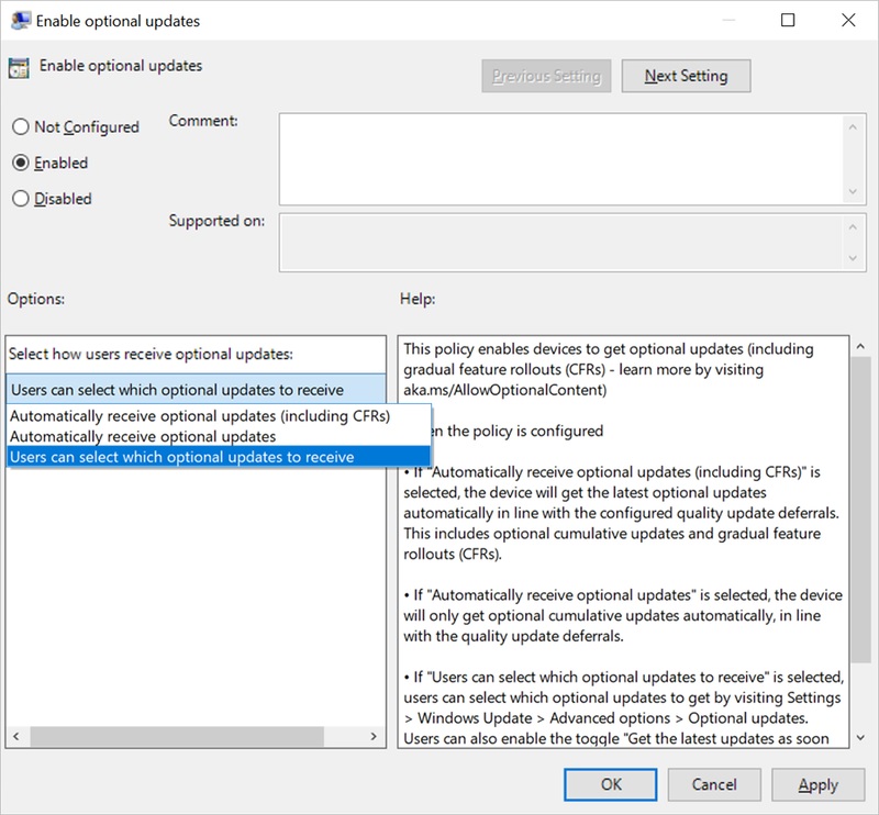 You can now enable automatic optional updates on Windows 10 Enable-optional-updates-in-Group-Policy-Editor.jpg