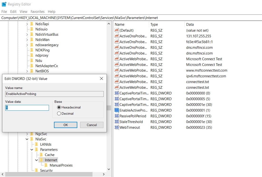 Microsoft confirms Windows 10 bug causes internet connectivity issues EnableActiveProbing.jpg