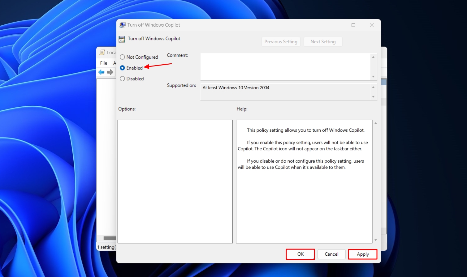 Microsoft says uninstalling Copilot in Windows 10 isn’t supported for now Enabled-option-in-the-Local-Group-Policy-Editor.jpg