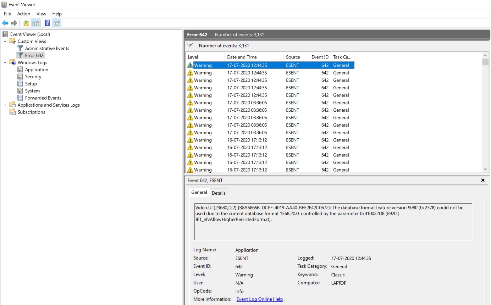 Windows 10 May 2020 Update is triggering ESENT warnings ESENT-642-error.jpg