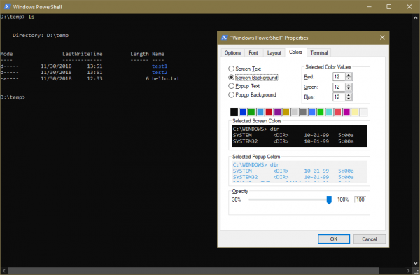 New Experimental Console Features in Windows 10 build 18298 Experimental-standard-color-settings-600x393.png
