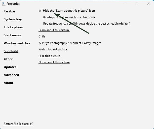 How to remove Windows Spotlight's "Learn about this picture icon" from your desktop in... ExplorerPatcher-removes-the-Windows-Spotlight-icon.jpg