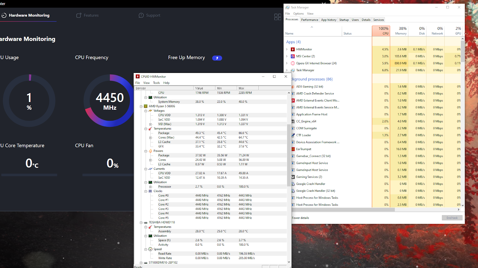 i use both task manager, msi center and hwmonitor to check my cpu temps and activity and it... ext?url=https%3a%2f%2flh6.googleusercontent.png